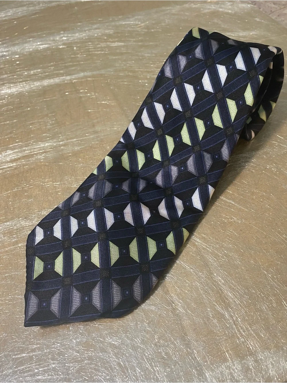 Geometric Patterned Men's Tie in Black with Olive and Light Gray Accents